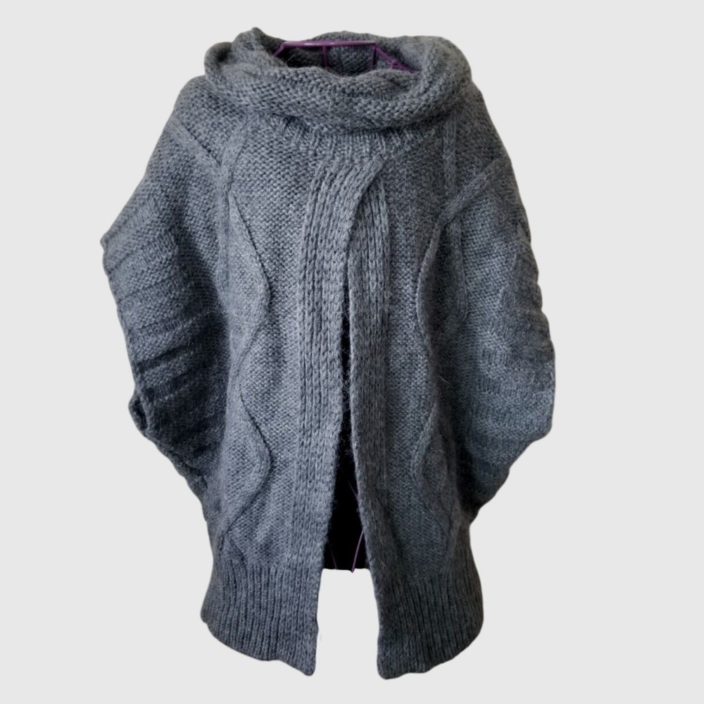 Maryline Italy Gray Mohair Wool Blend Cowl Neck Cable Knit Poncho Sweater Large